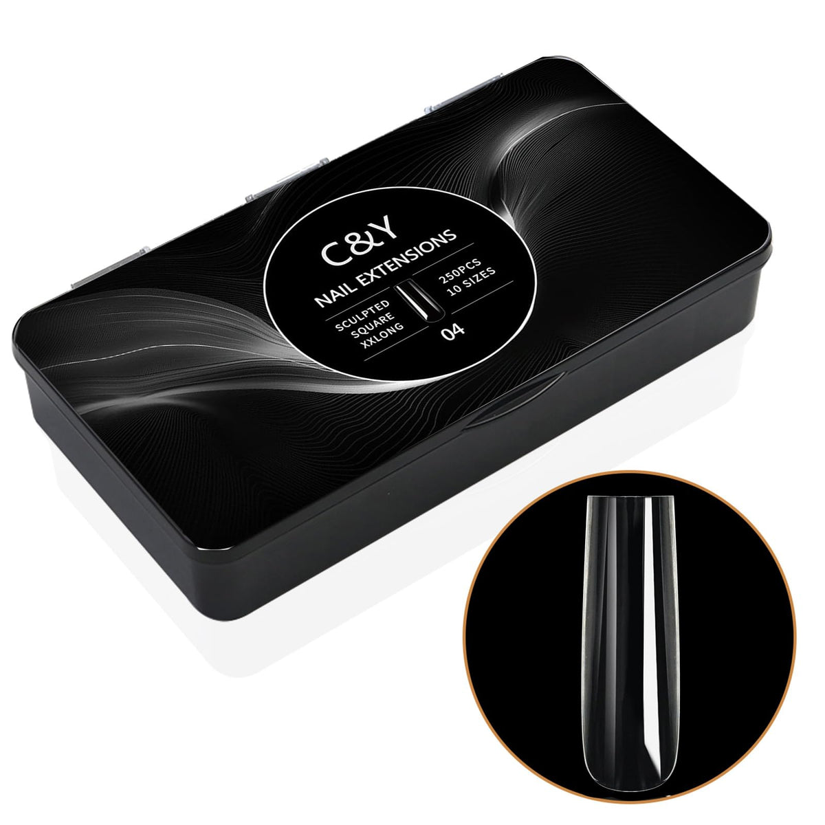 Cycullinyt front packaging showing 250 clear tips and storage box, professional organization benefit
