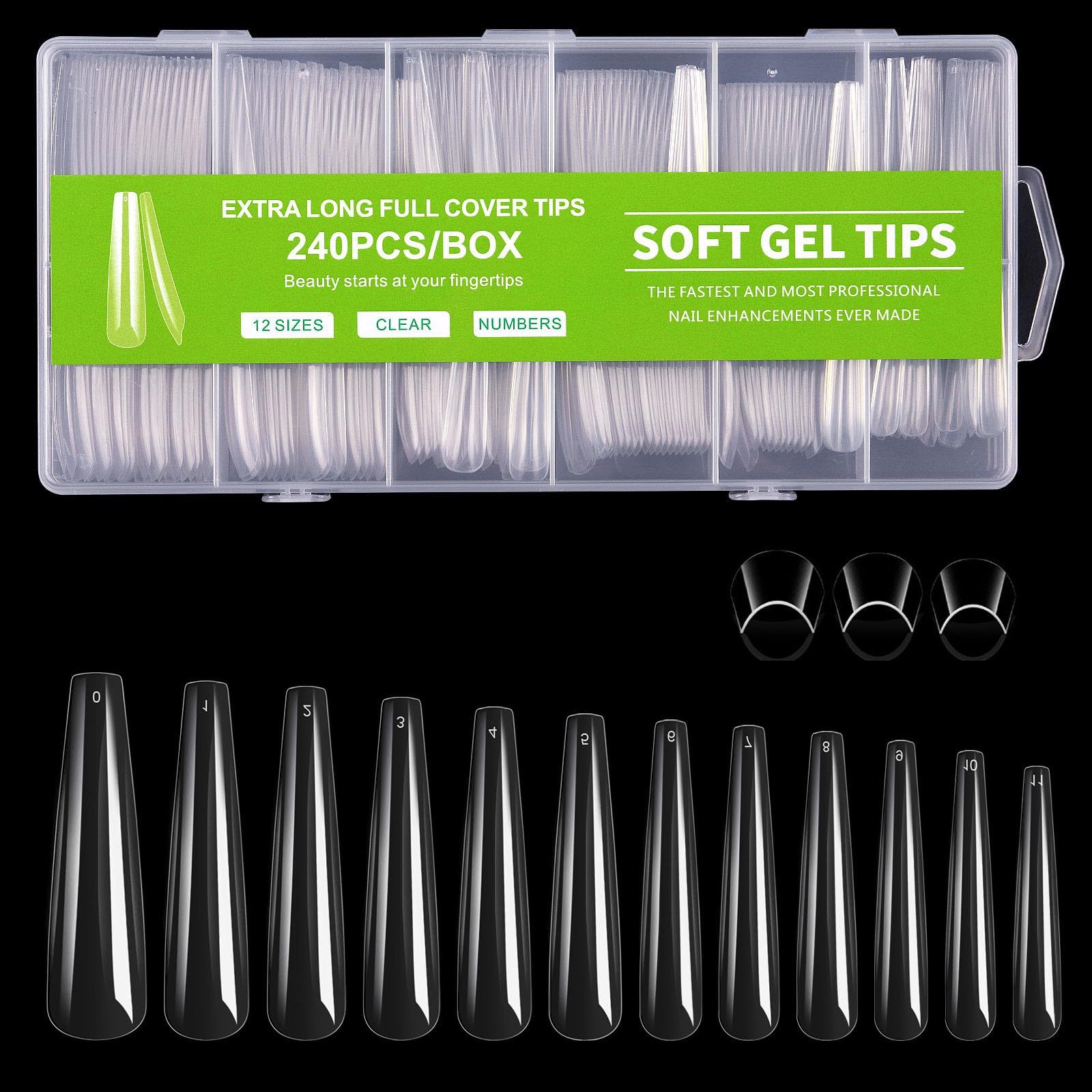 Cycullinyt front package showing 240pcs long coffin tips and clear kit for variety