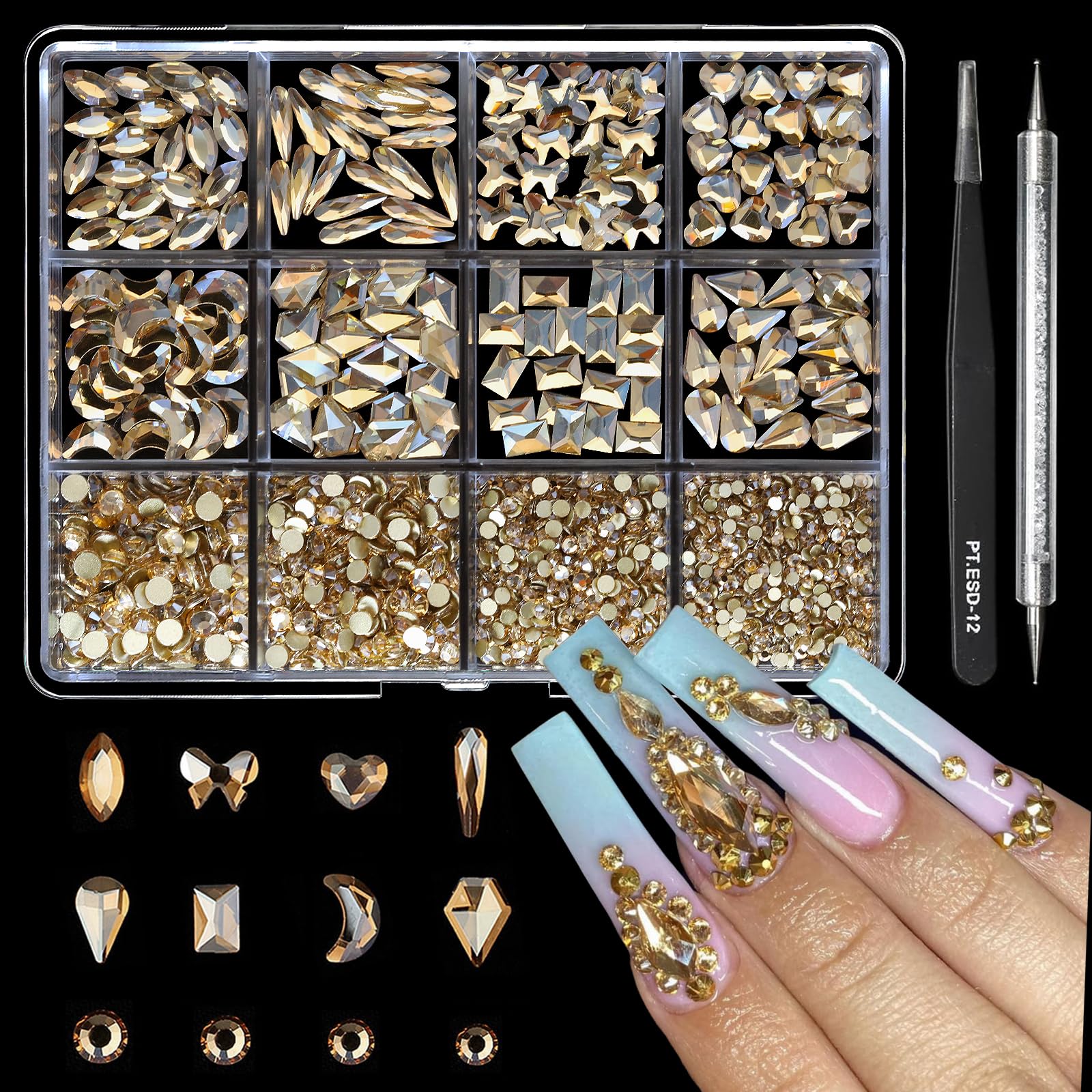 Cycullinyt front packaging showing full 1660 piece champagne rhinestone kit and tools