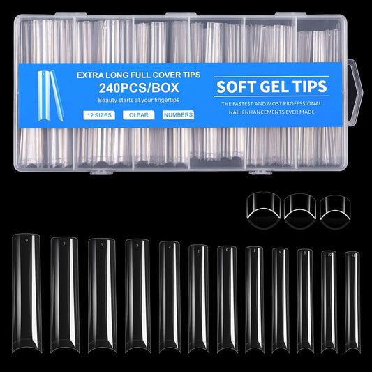 Cycullinyt front packaging showing 240-piece long square tips and benefit