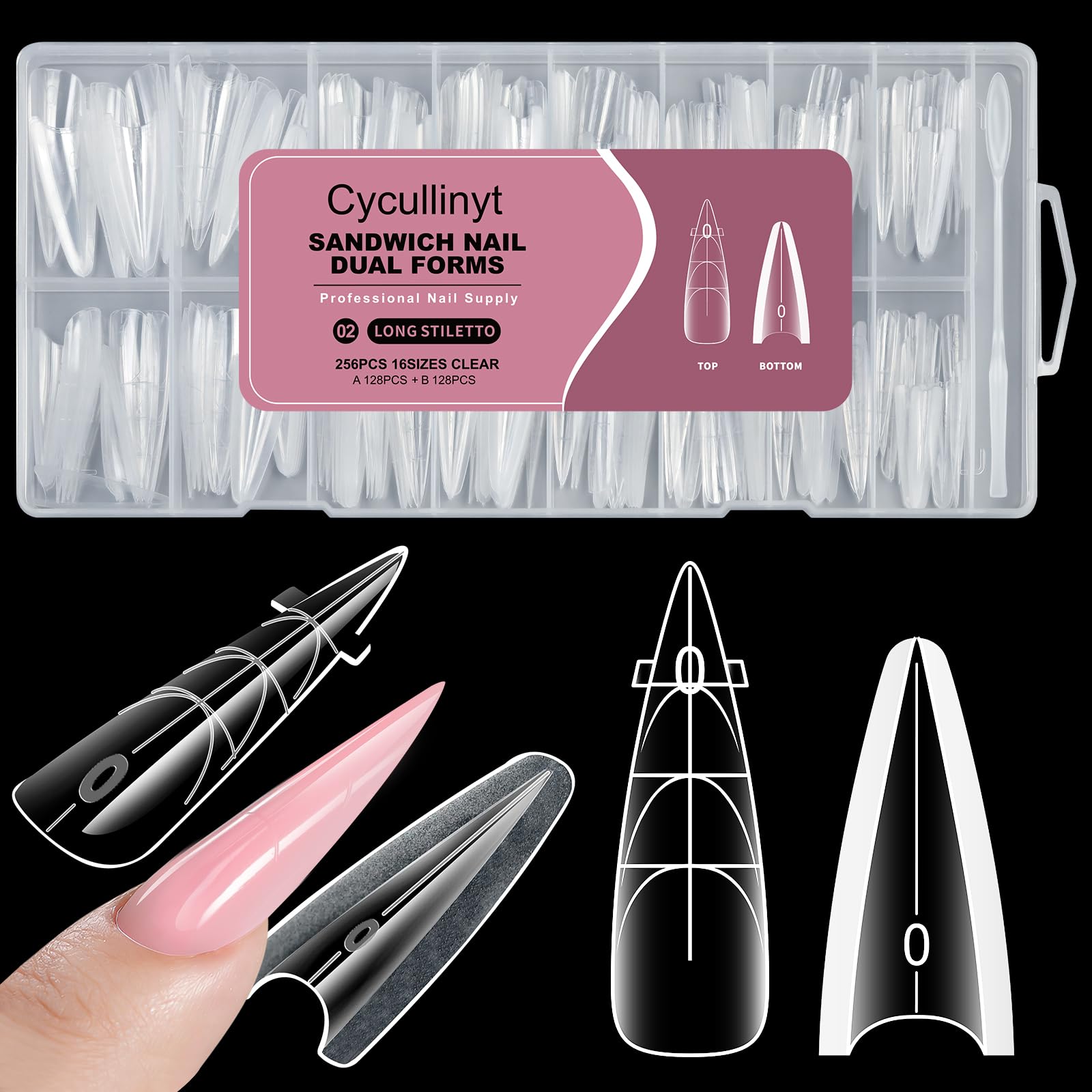 Cycullinyt front packaging showing 256-piece stiletto dual-form kit, organized and complete