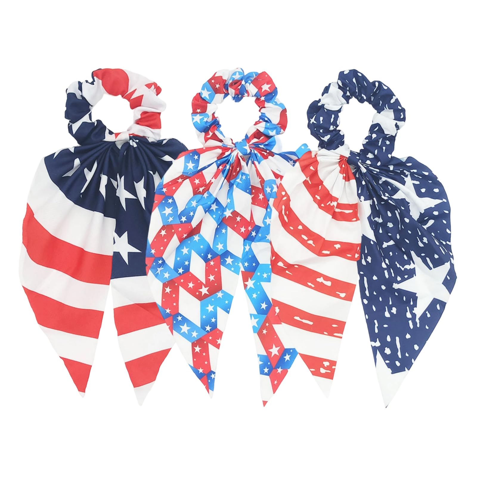 CYian front view of three flag scrunchies showing designs and colors for festive styling