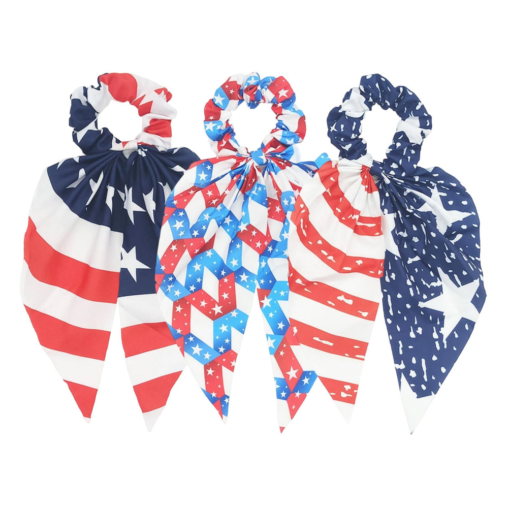 CYian front view of three flag scrunchies showing designs and colors for festive styling