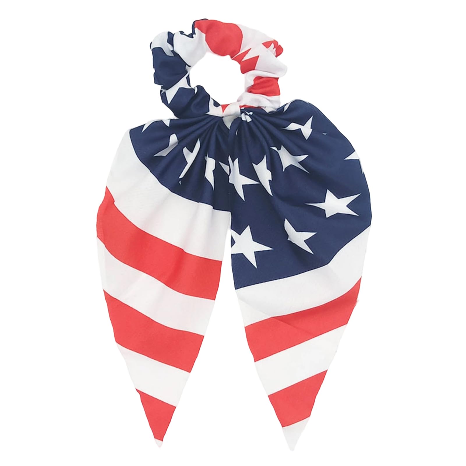CYian scrunchie worn in a ponytail demonstrating secure hold and patriotic accent