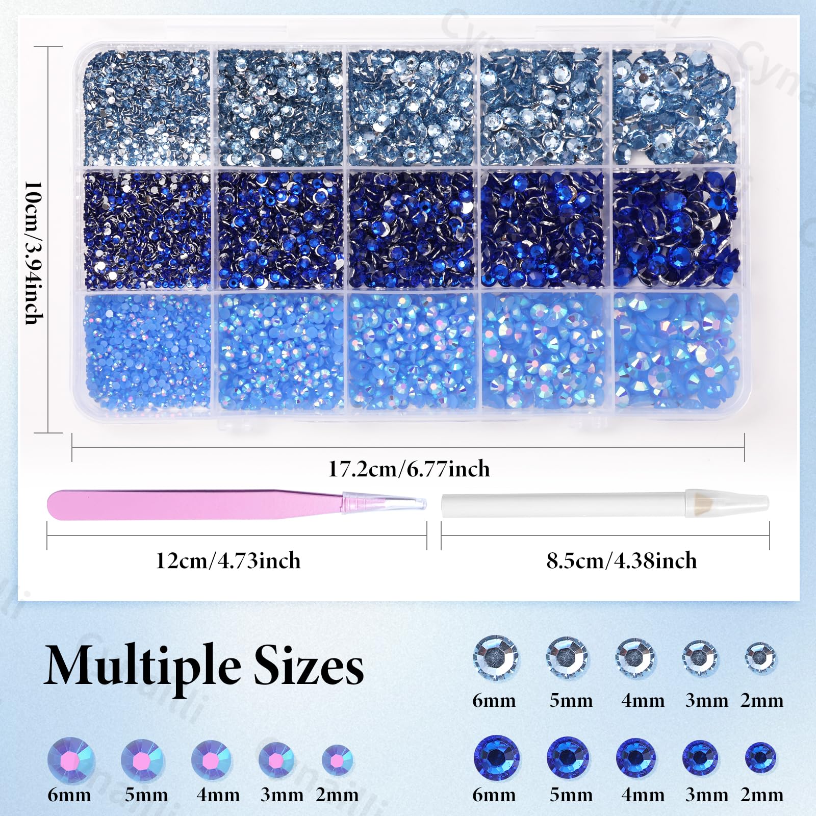 Cynailli close-up of blue resin rhinestone texture showing glitter depth and vibrant shine