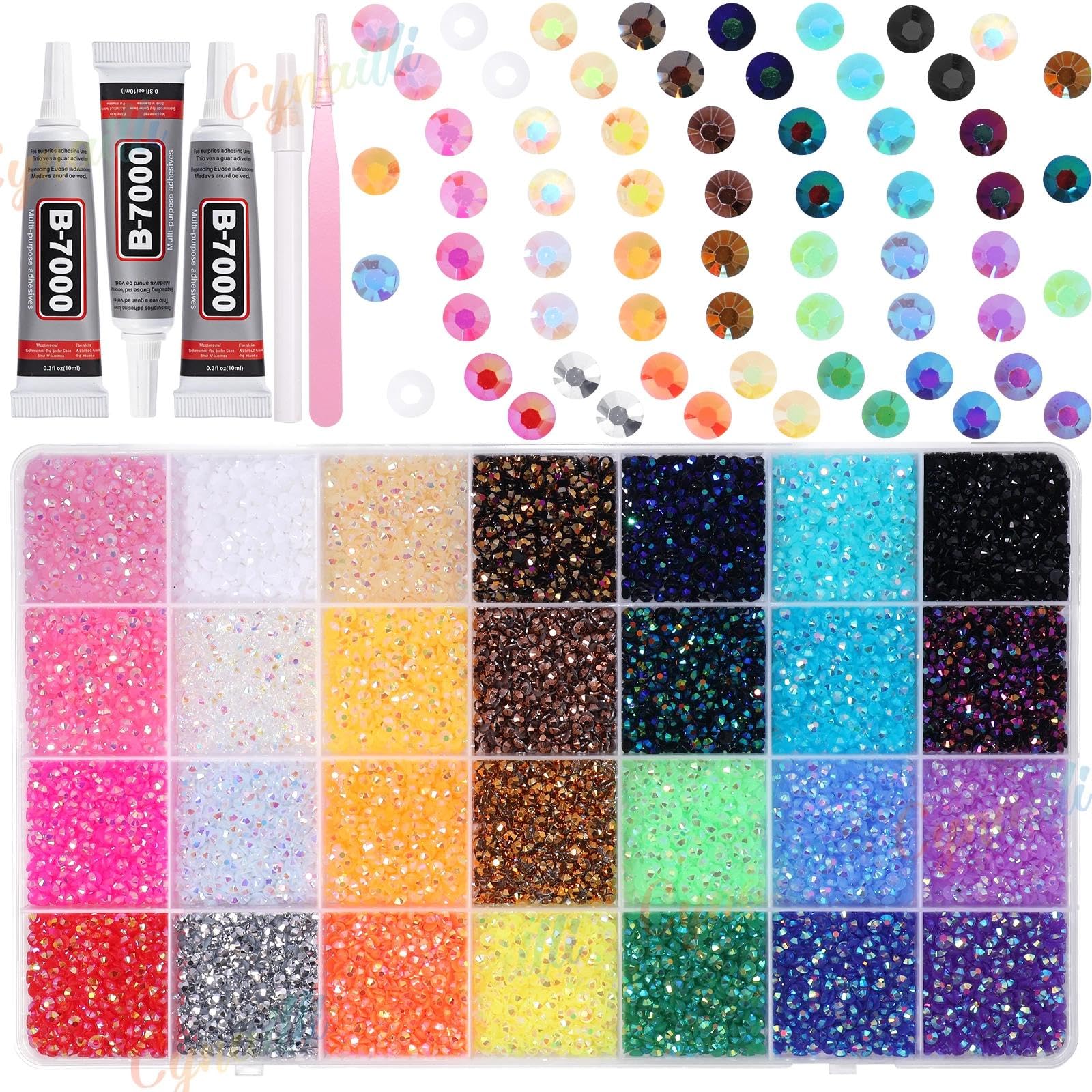 Cynailli front box display of 28 grids showing colorful rhinestone variety and convenience