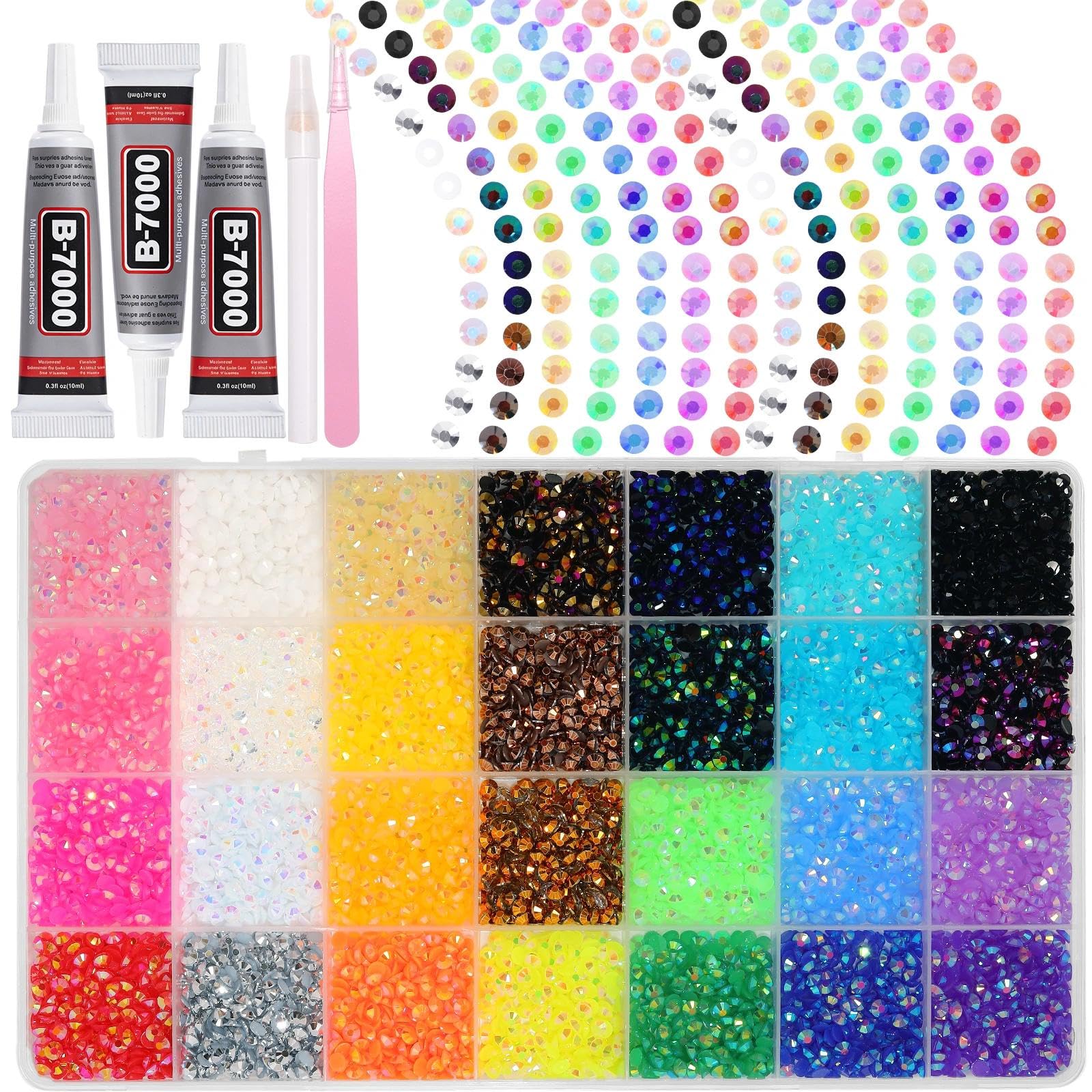 Cynailli front box grid showing organized colorful rhinestones and included tools