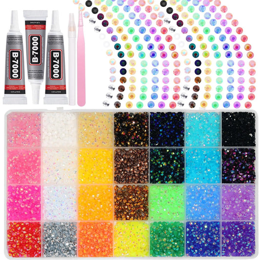 Cynailli front box grid showing organized colorful rhinestones and included tools