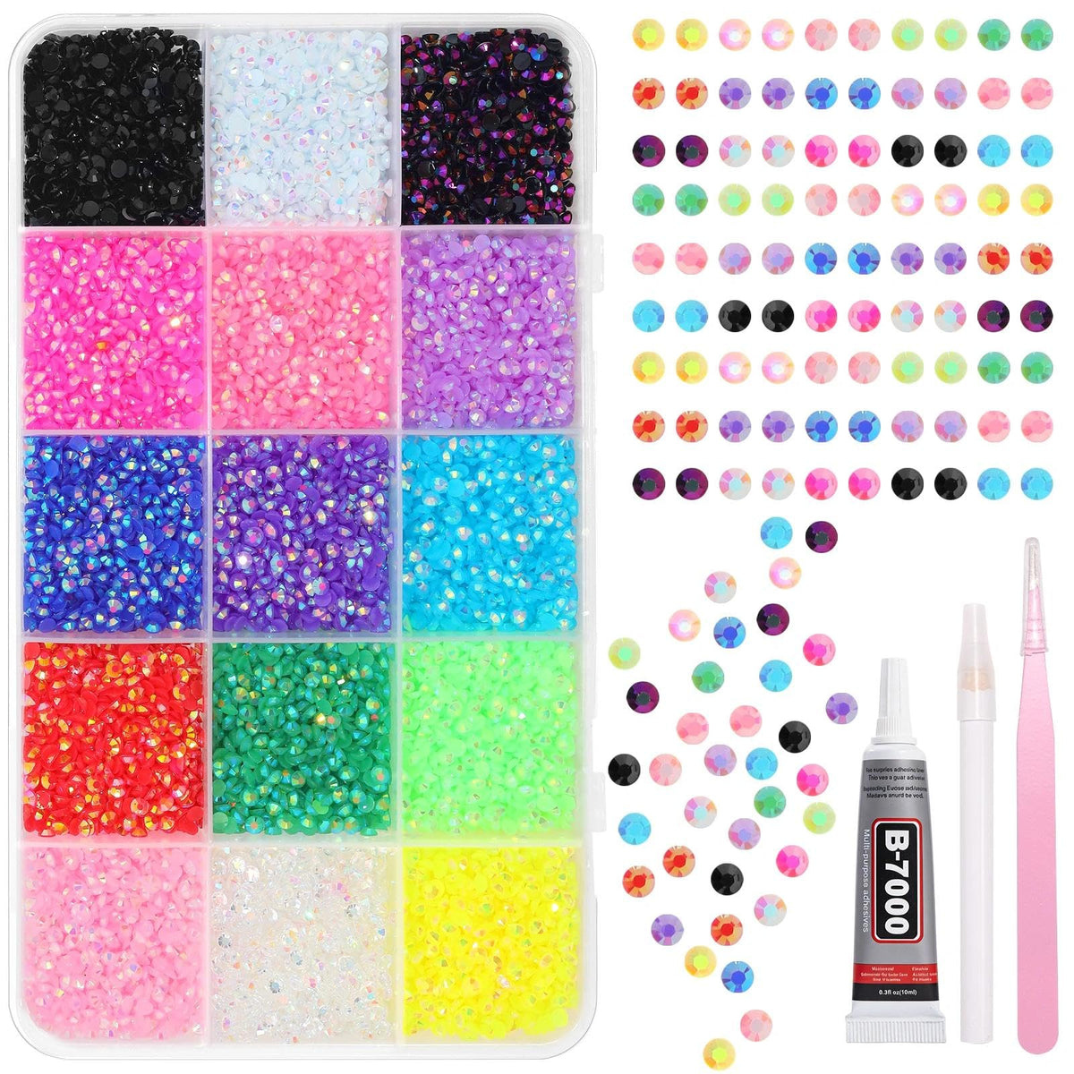 Cynailli front packaging showing organized 15,000 rhinestones kit and tools – easy-start benefit