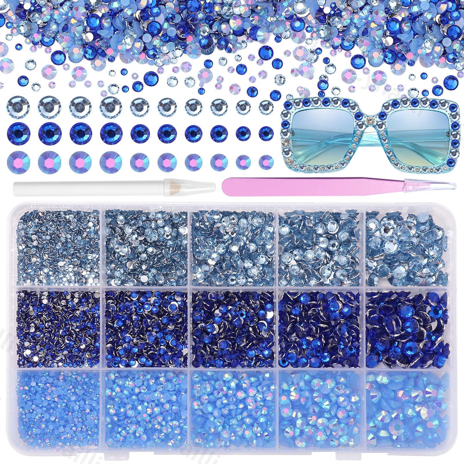 Cynailli front packaging showing box of blue resin rhinestones and tools for easy organizing