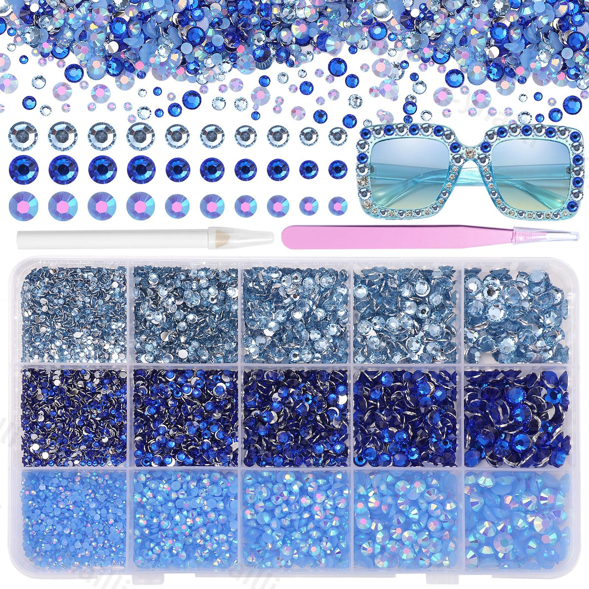 Cynailli front packaging showing box of blue resin rhinestones and tools for easy organizing