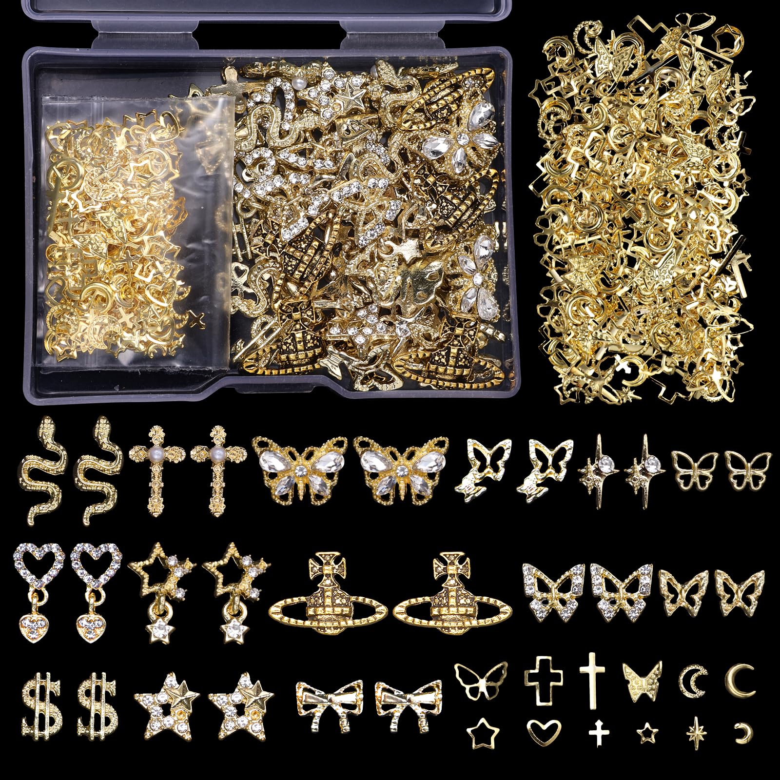 Cynailli front packaging showing full gold charm assortment and easy storage