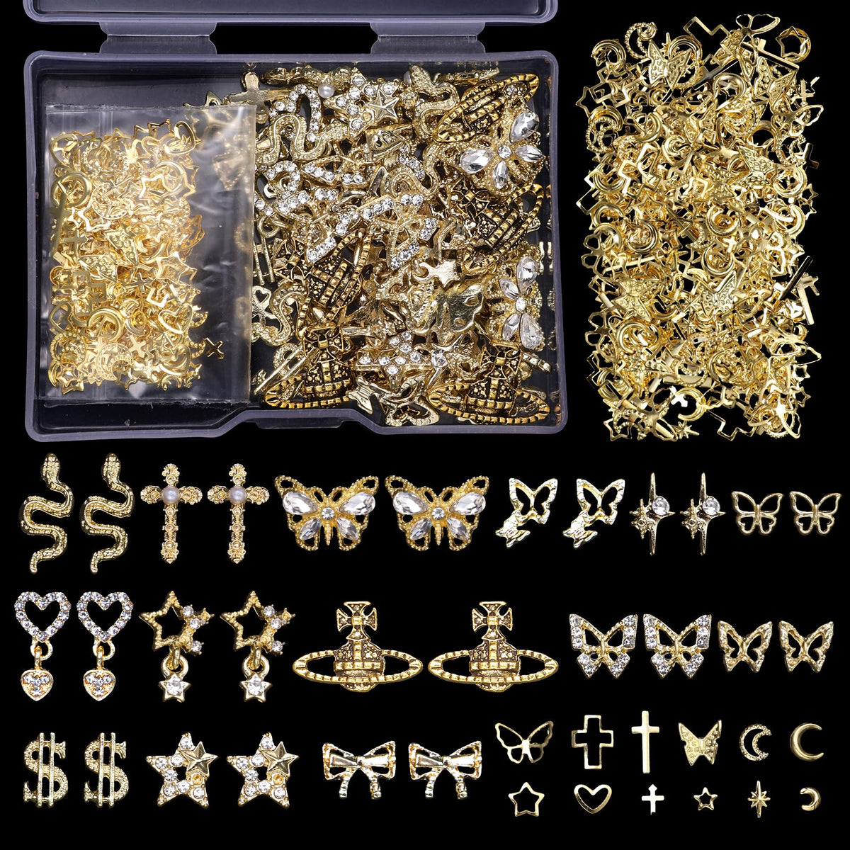 Cynailli front packaging showing full gold charm assortment and easy storage