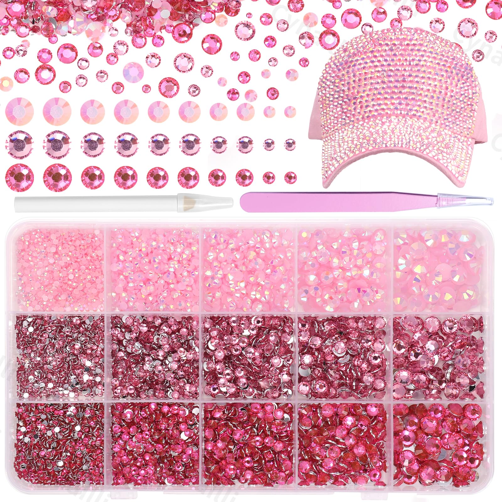 Cynailli front packaging showing 15,000 pink rhinestones and included tools, organized for quick use