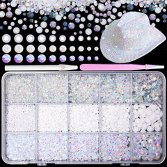 Cynailli front packaging showing 15000 white rhinestones and included tools, clear organization benefit