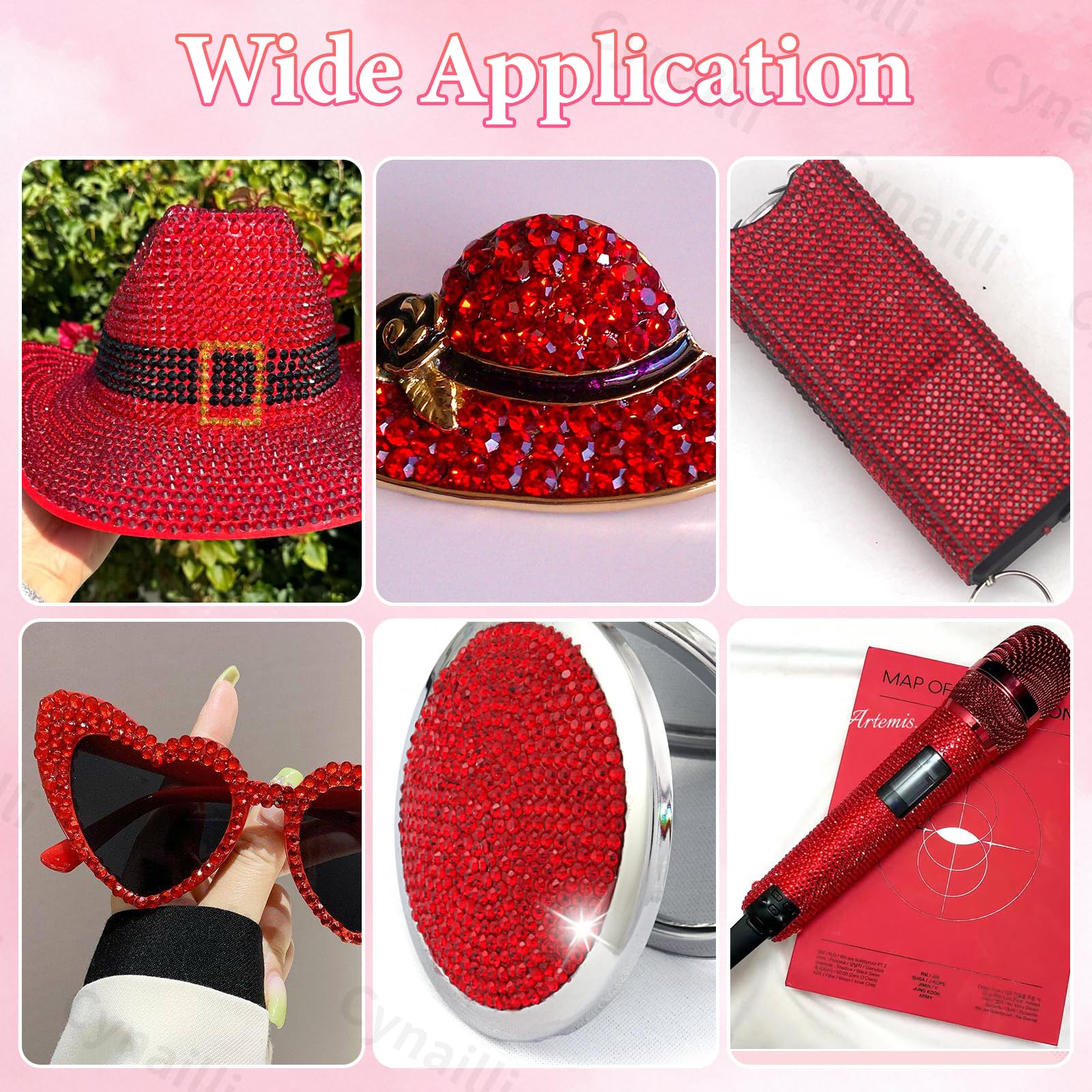 Cynailli red rhinestones adhered to a decorated tumbler showing durable decorative finish