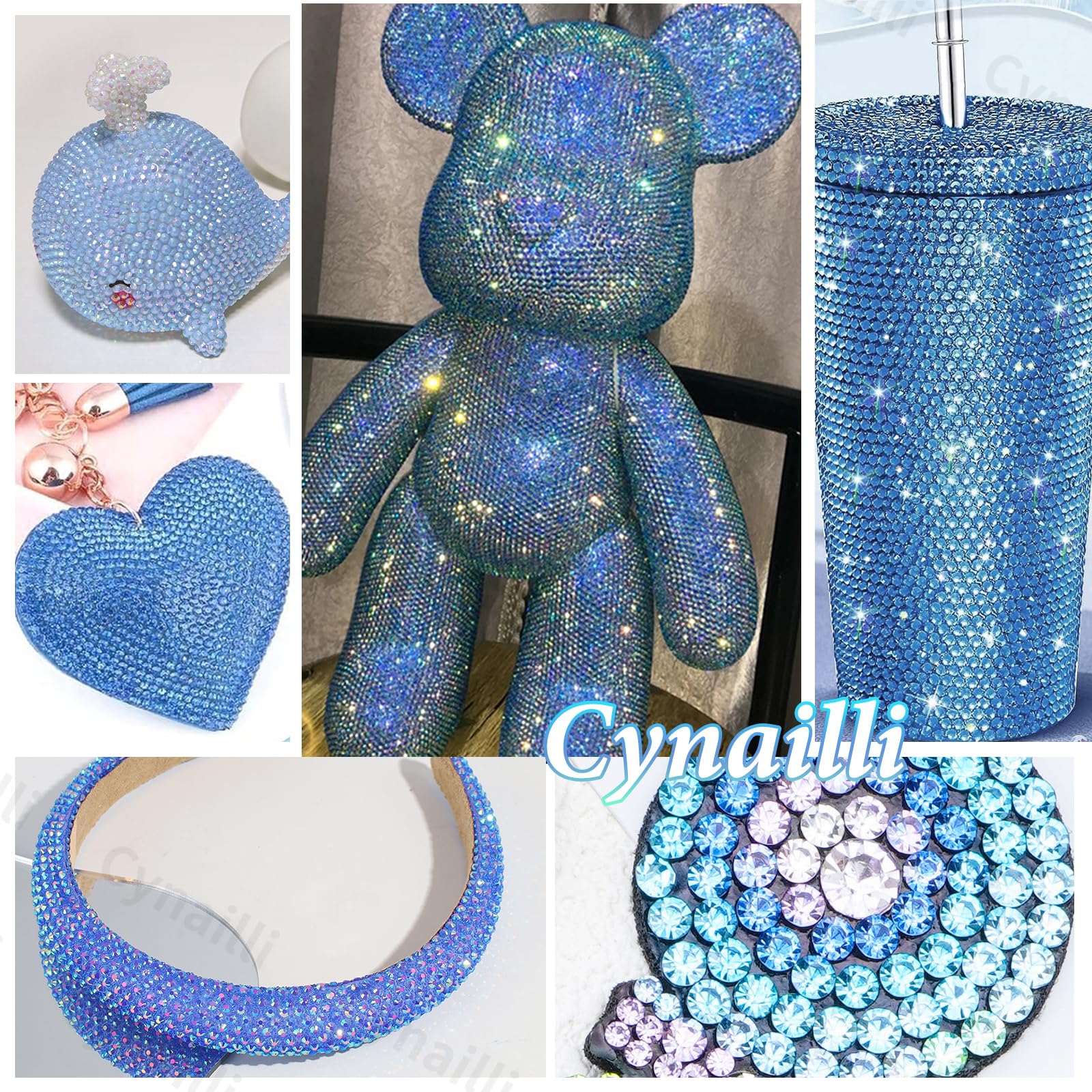 Cynailli blue rhinestones applied to a tumbler illustrating decorative sparkle and durability