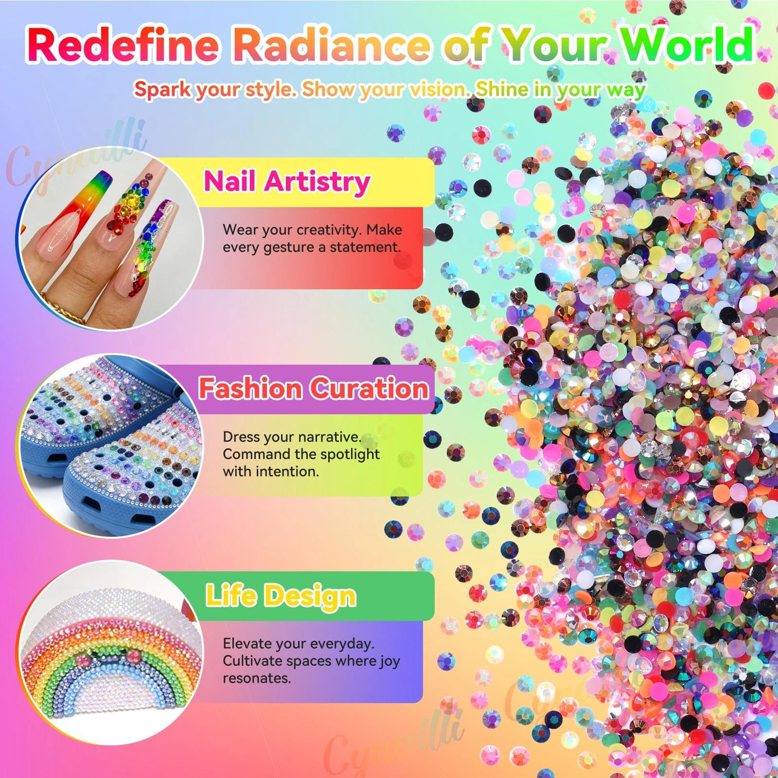 Cynailli small rhinestones used on nails and face for delicate decorative accents