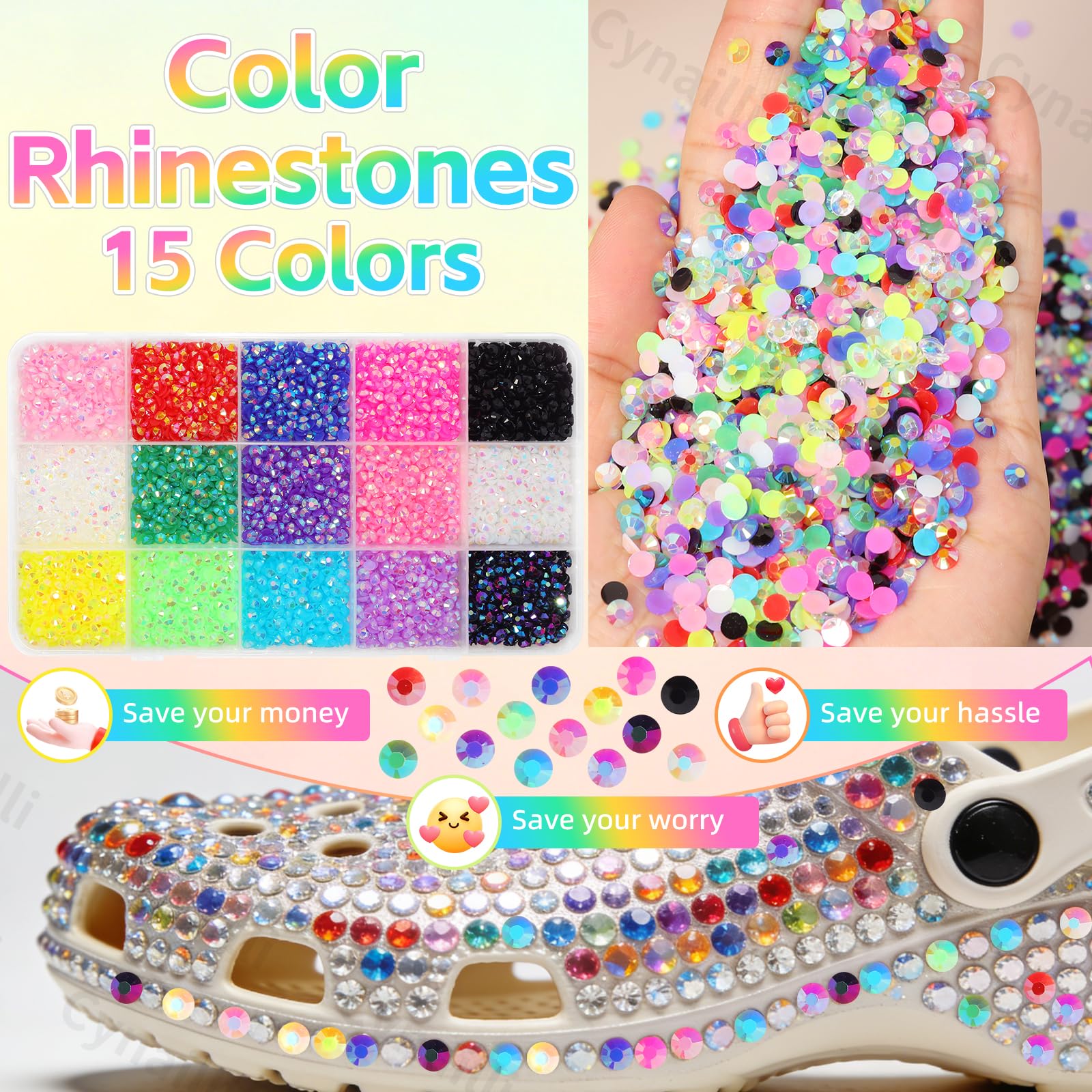 Cynailli rhinestones used in nail art showcasing size and long-lasting decoration