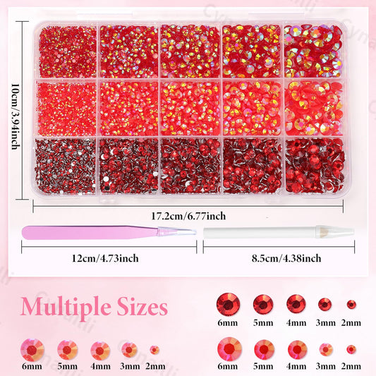 Cynailli close-up of red resin rhinestone facets showing glittering depth and vibrant shine