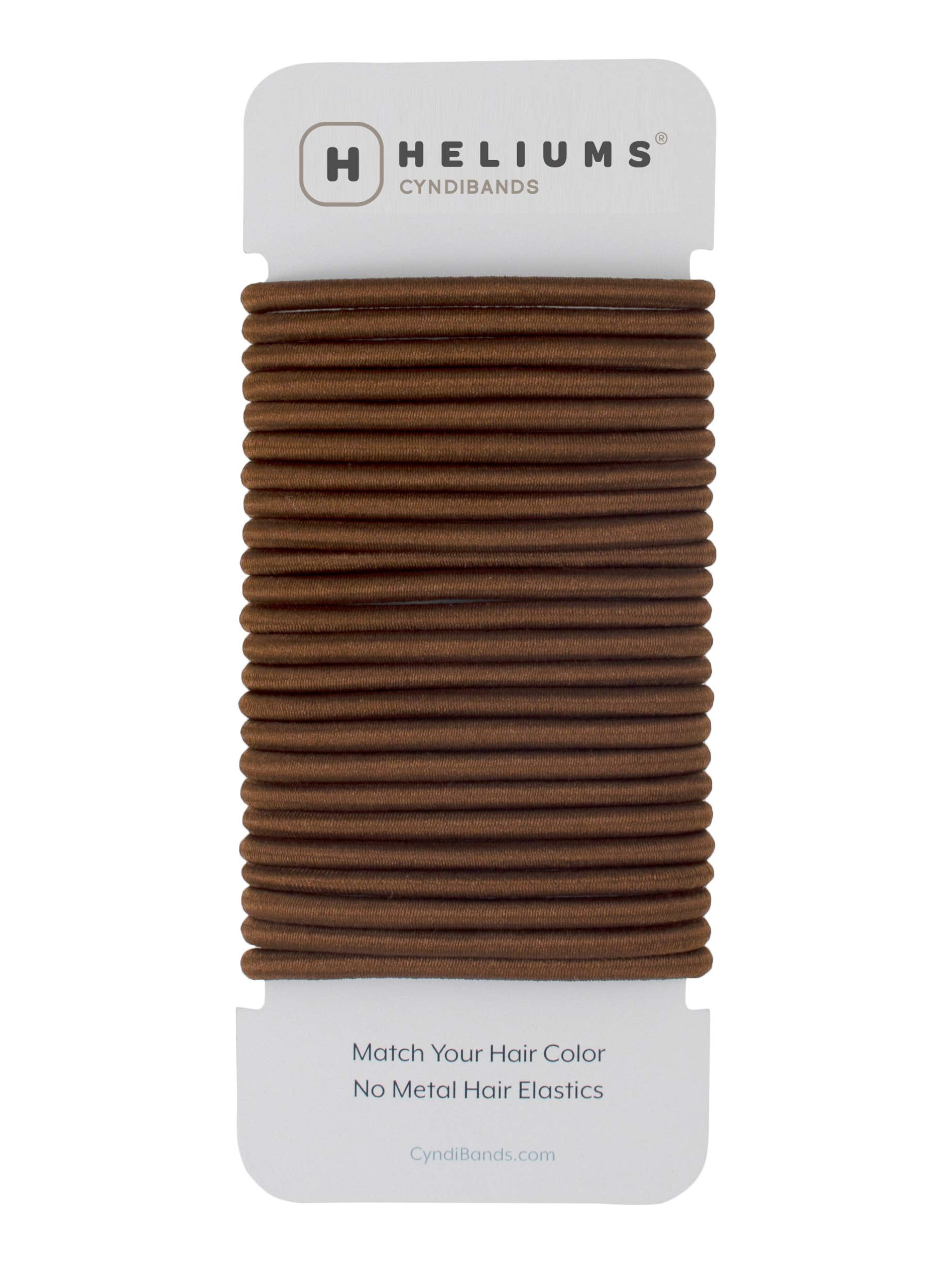 Cyndibands front pack showing 24 brown elastic hair ties and tidy packaging benefit
