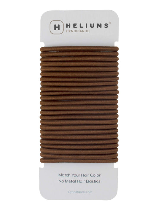 Cyndibands front pack showing 24 brown elastic hair ties and tidy packaging benefit