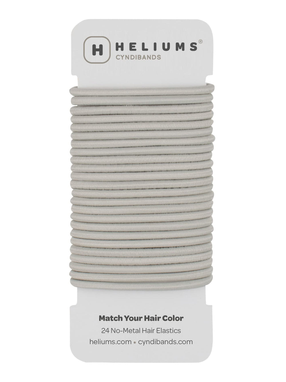 Cyndibands front packaging showing 24 light gray elastics and neat branding benefit convenience