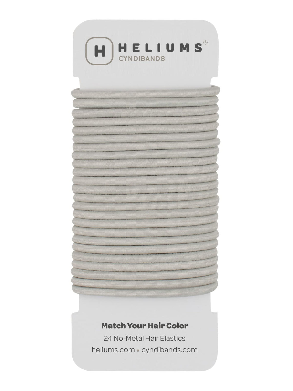 Cyndibands front packaging showing 24 light gray elastics and neat branding benefit convenience