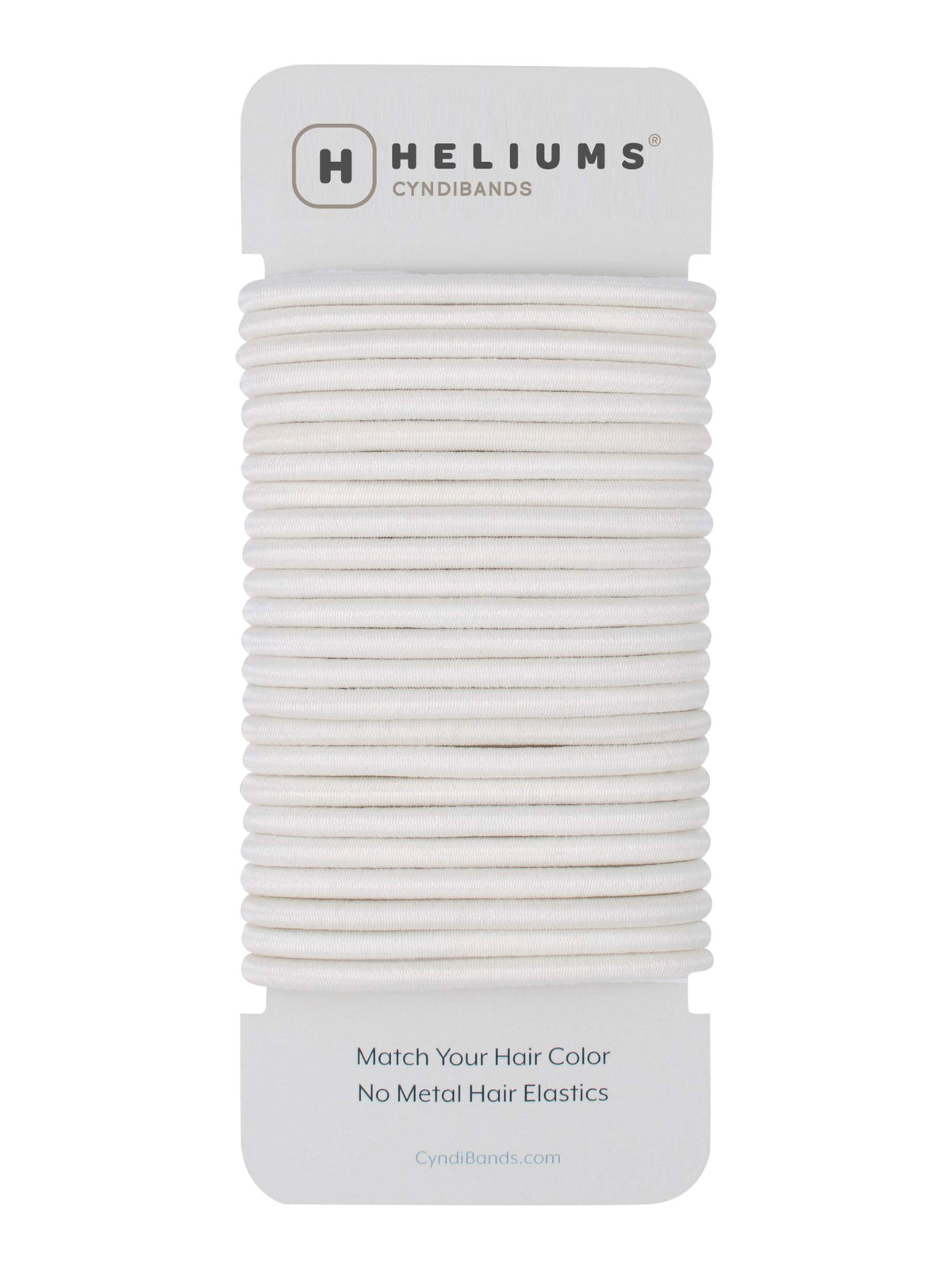 Cyndibands front pack showing 24 white elastics and clear branding for organized storage