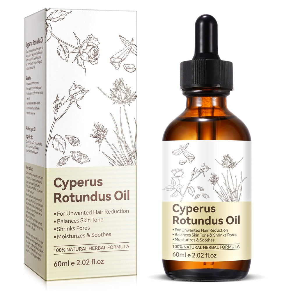 Generic Cyperus rotundus bottle front view showing elegant packaging and clear volume