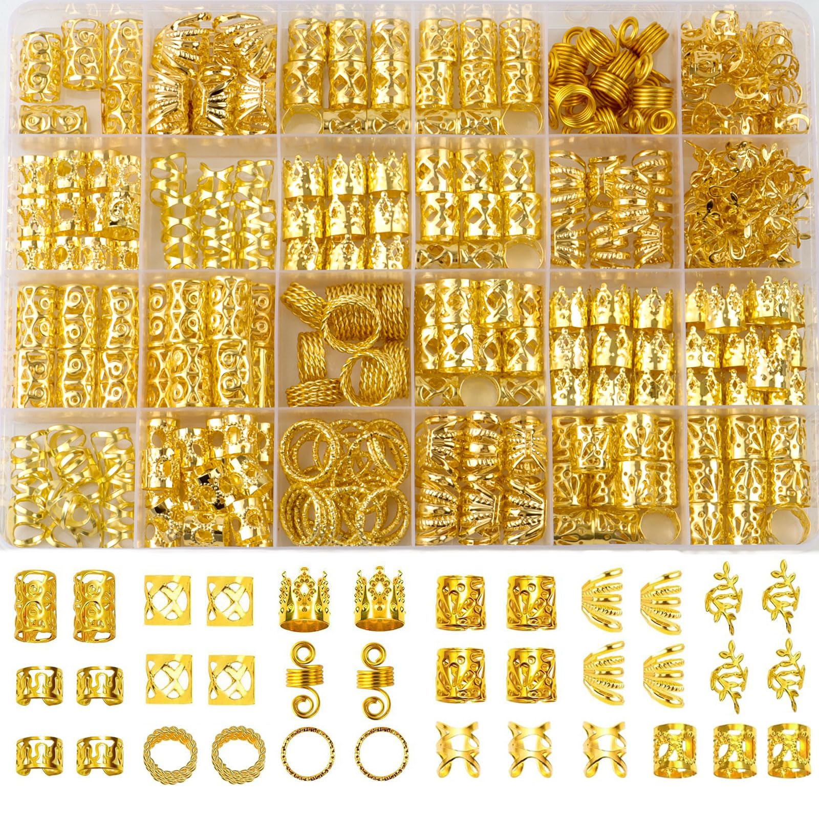 Cypsin front packaging showing the 300-piece gold hair jewelry kit and storage box for easy access