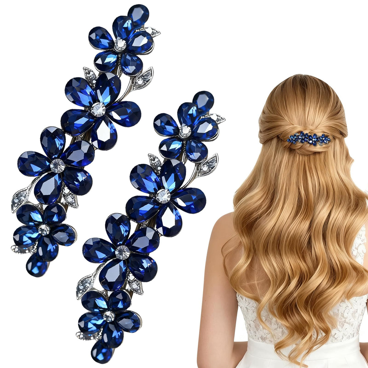 CYUXING front view navy blue barrettes showing decorative crystal finish and elegance