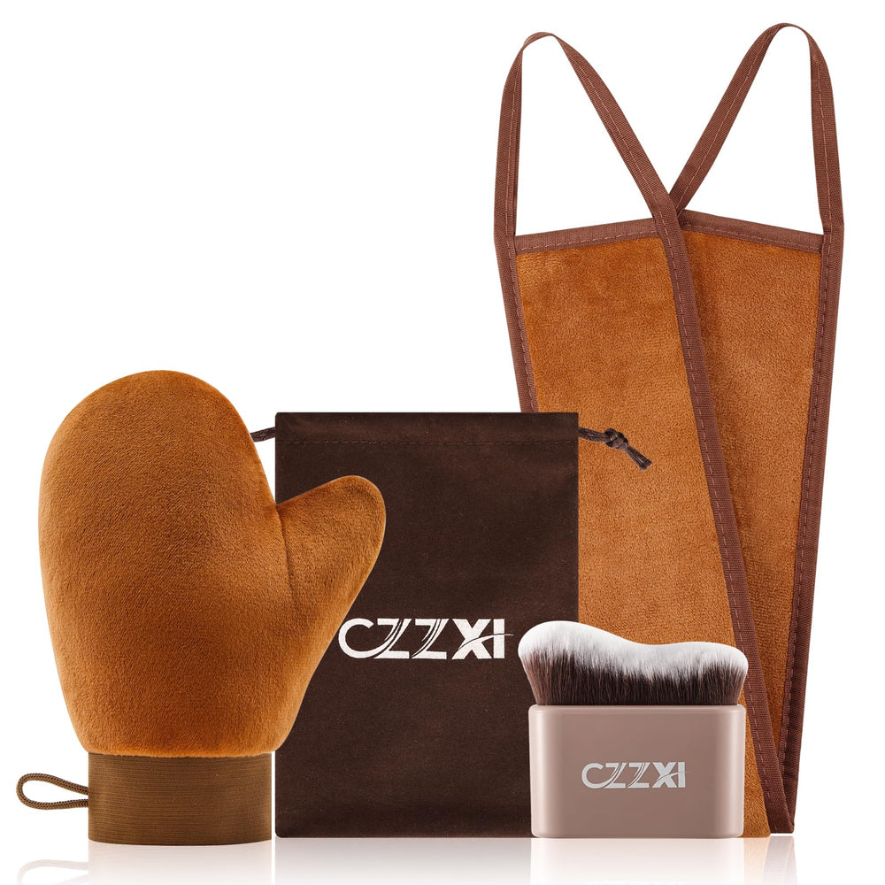 CZZXI velvet tanning mitt front view showing secure cuff and waterproof lining benefit