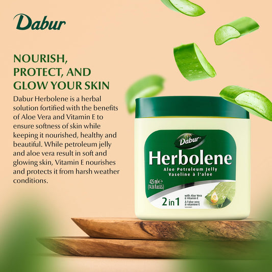 Dabur Herbolene open jar texture displaying thick gel for deep moisture