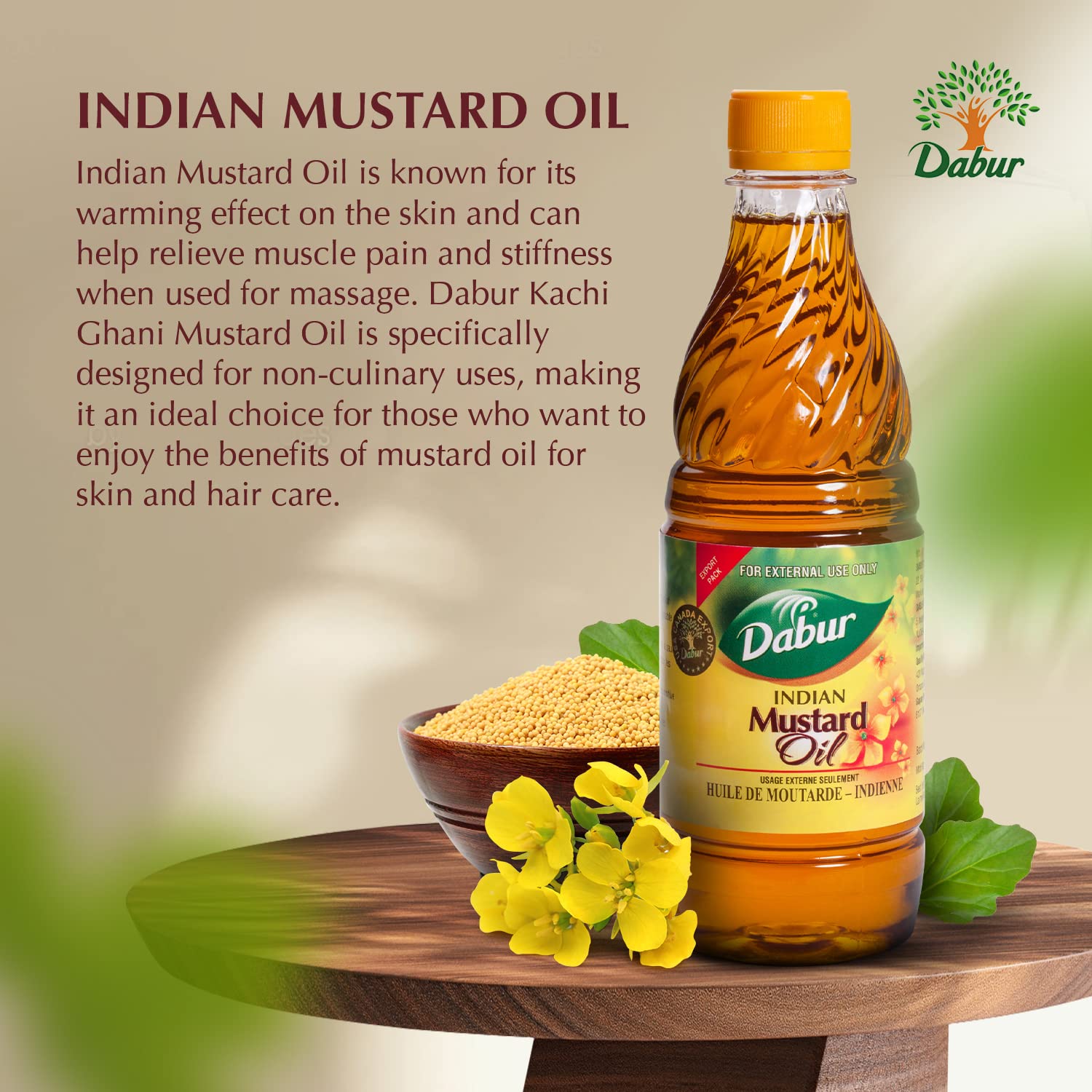 Dabur Kachi Ghani oil pouring from bottle highlighting pure cold-pressed flow