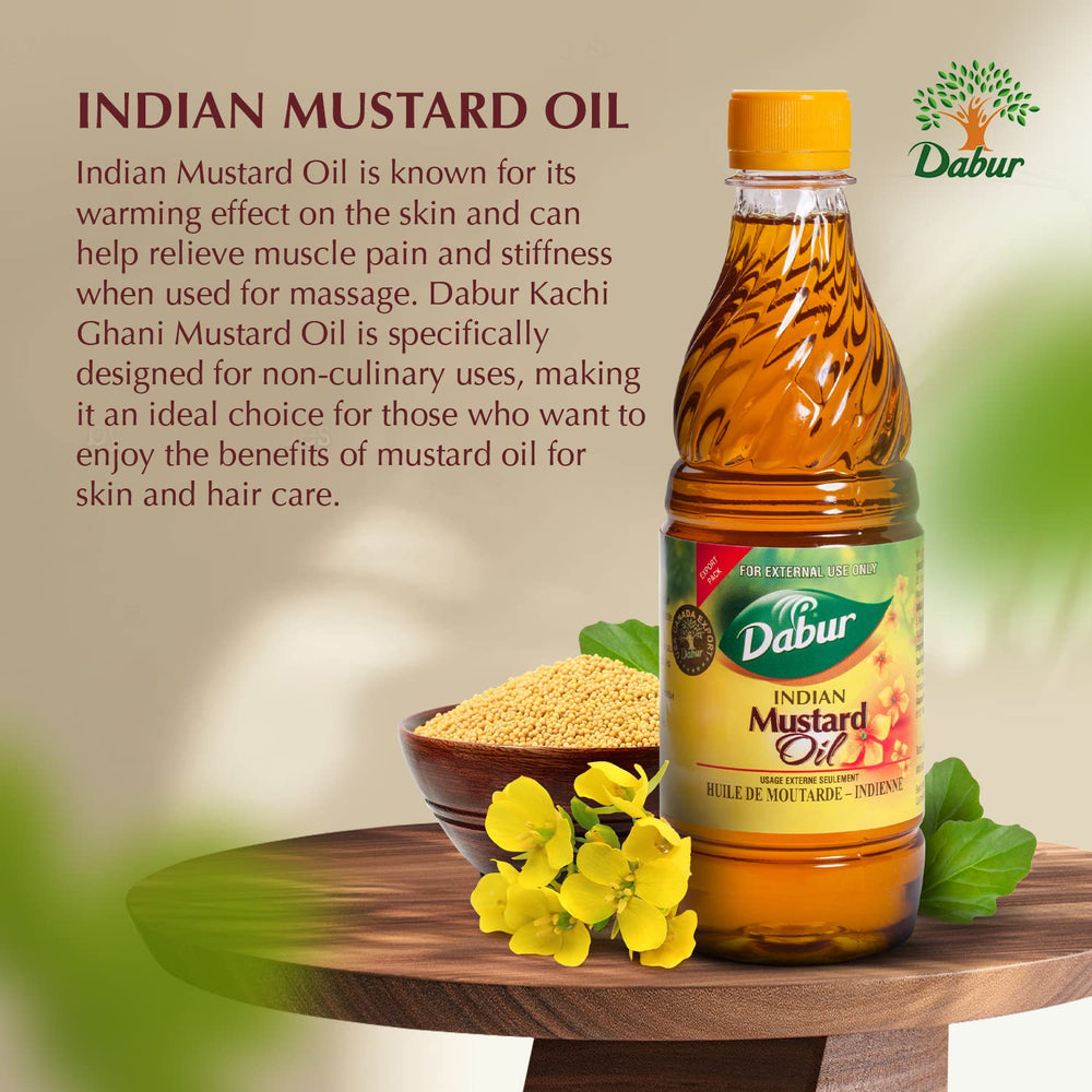Dabur Kachi Ghani oil pouring from bottle highlighting pure cold-pressed flow