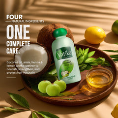 Dabur Vatika label close-up showing ingredients and herbal benefits