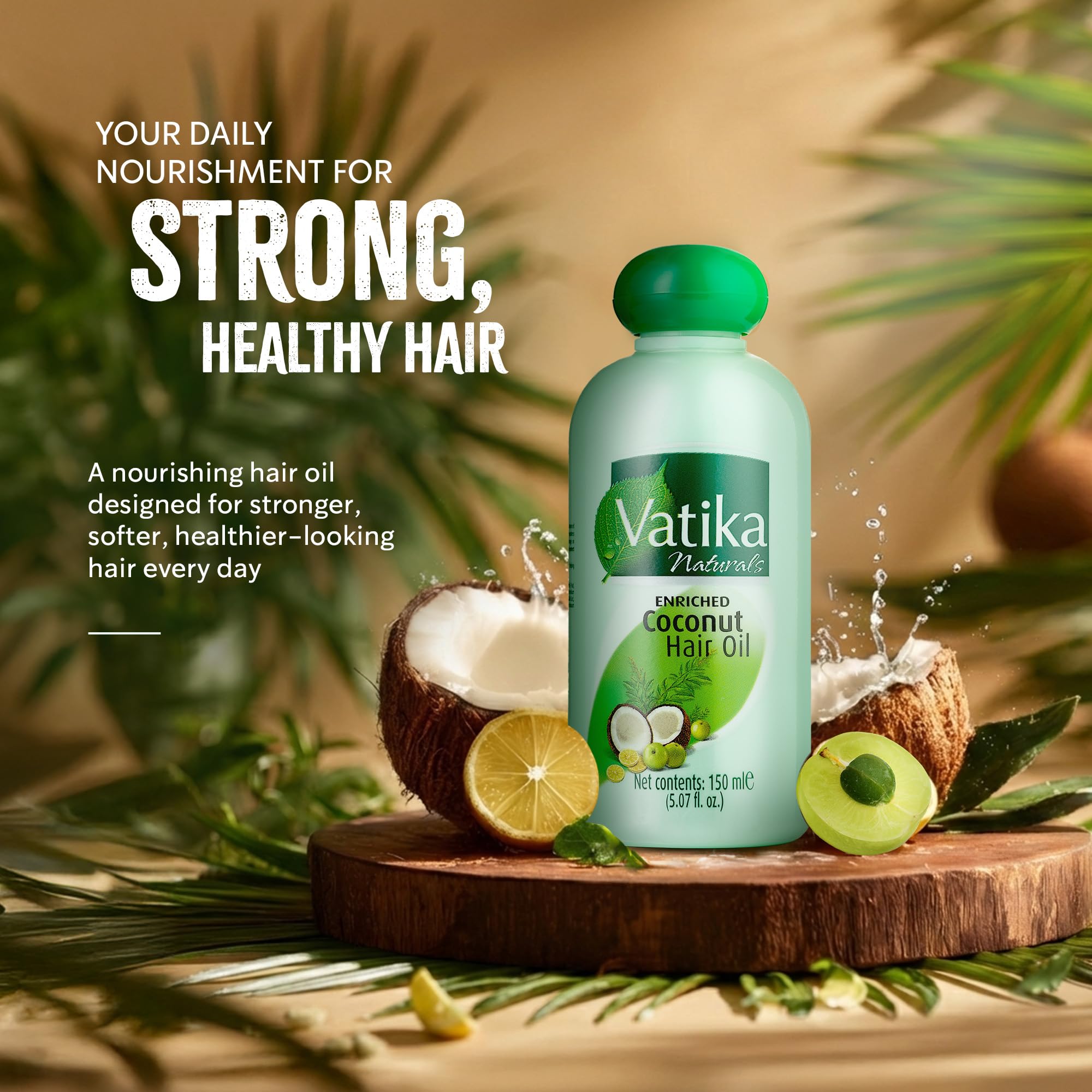 Dabur Vatika oil pour close-up showing smooth coconut texture and shine