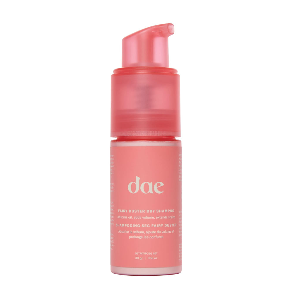 DAE front packaging of Fairy Duster dry shampoo showing recyclable jar and label for easy use