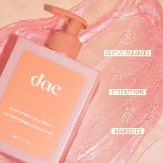 DAE shampoo bottle close-up highlighting label and texture