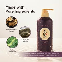 Daeng Gi Meo Ri herbal ingredients flatlay with green tea and plants, emphasizes natural nourishment