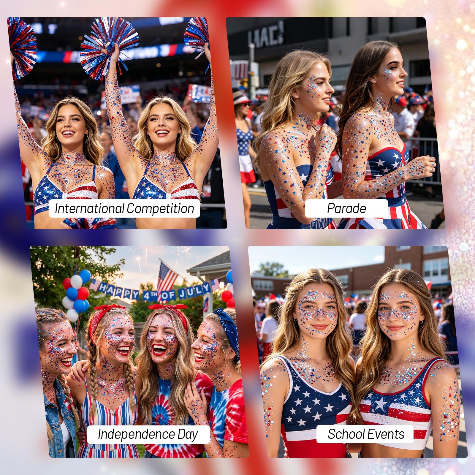 DAGEDA glitter applied to cheek as a patriotic stripe giving instant festival-ready shine