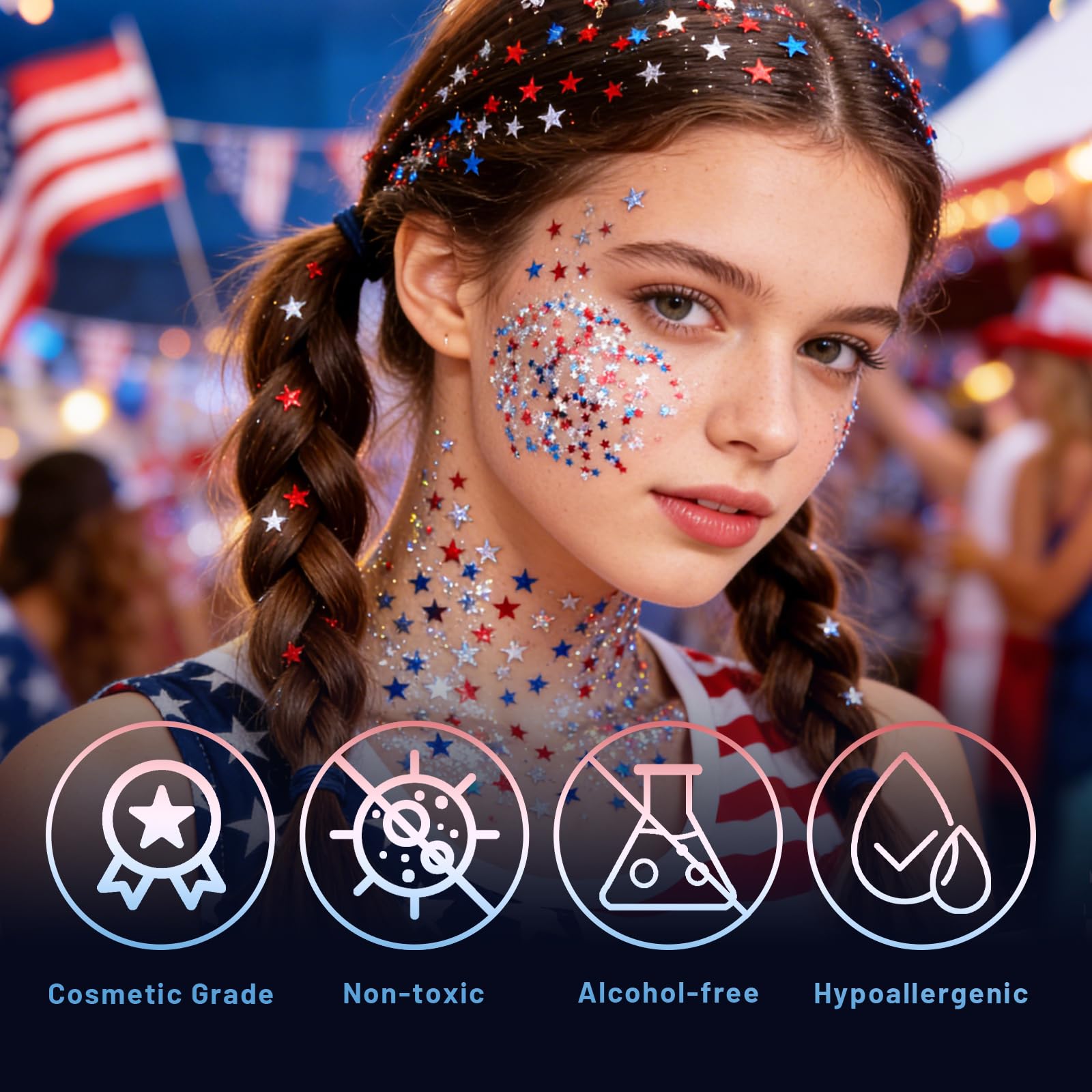 DAGEDA being applied on cheek for dramatic Fourth of July face sparkle and quick application