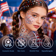 DAGEDA being applied on cheek for dramatic Fourth of July face sparkle and quick application