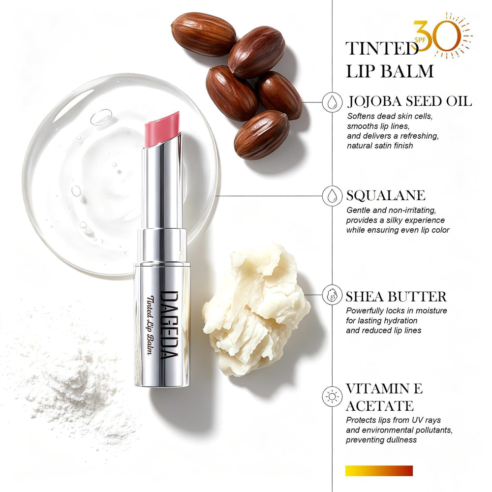 DAGEDA applied on lips showing sheer pink tint and natural look
