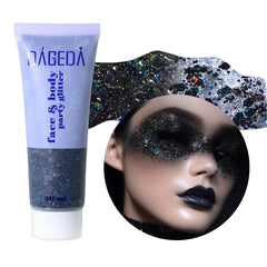DAGEDA black glitter gel jar front shows holographic shine and clear labeling
