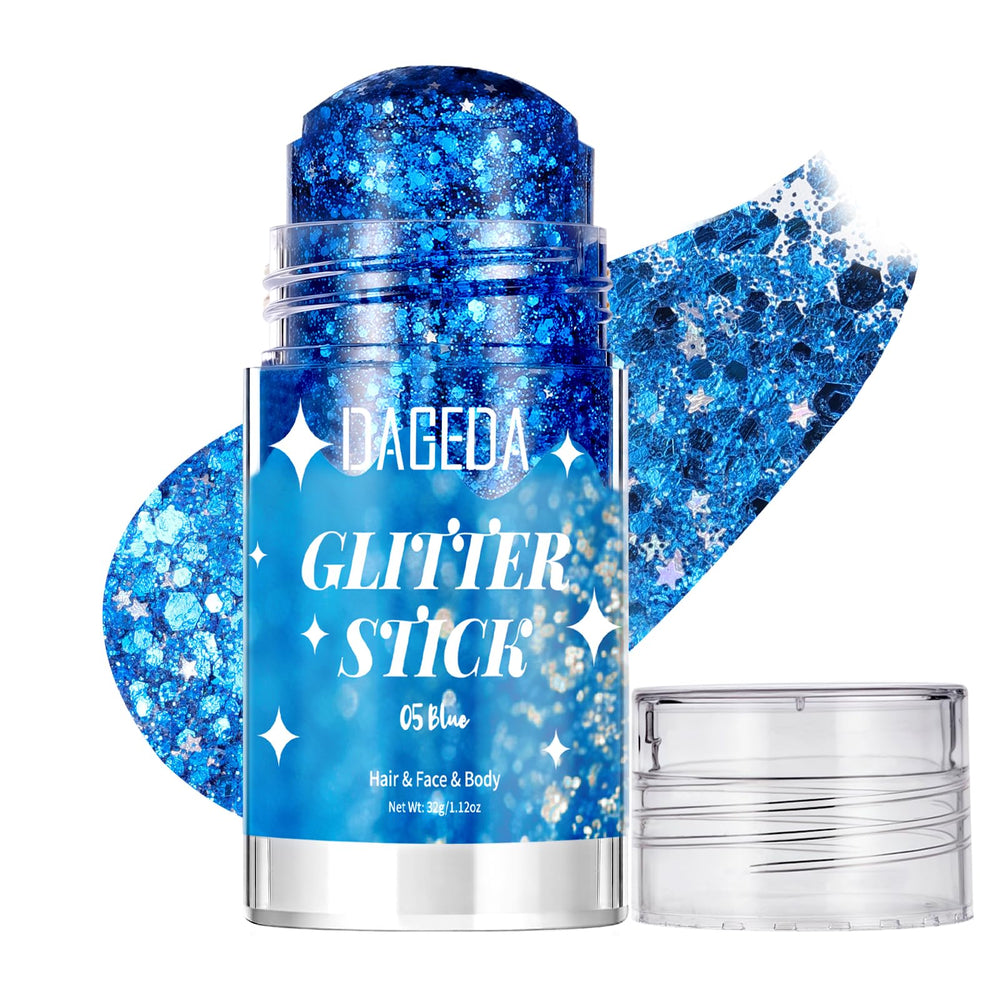 DAGEDA front view of blue glitter stick showing product shape and portability