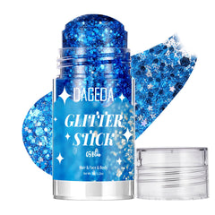 DAGEDA front view of blue glitter stick showing product shape and portability