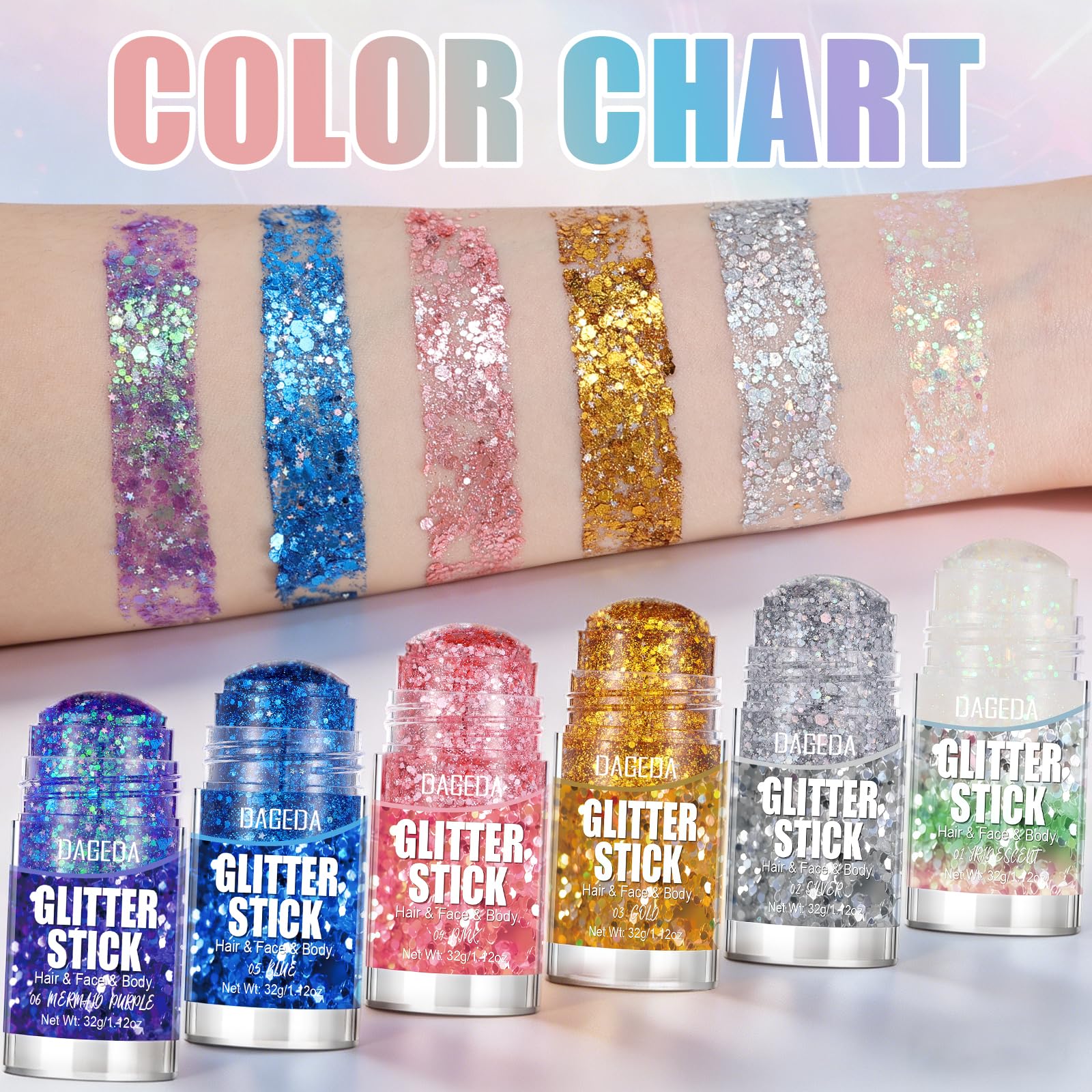 DAGEDA blue glitter streak in hair showing shimmer accent for mermaid-style looks benefit versatility