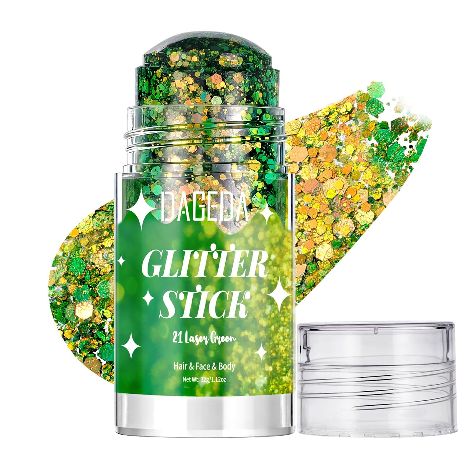 DAGEDA front packaging showing chameleon green glitter stick and branding